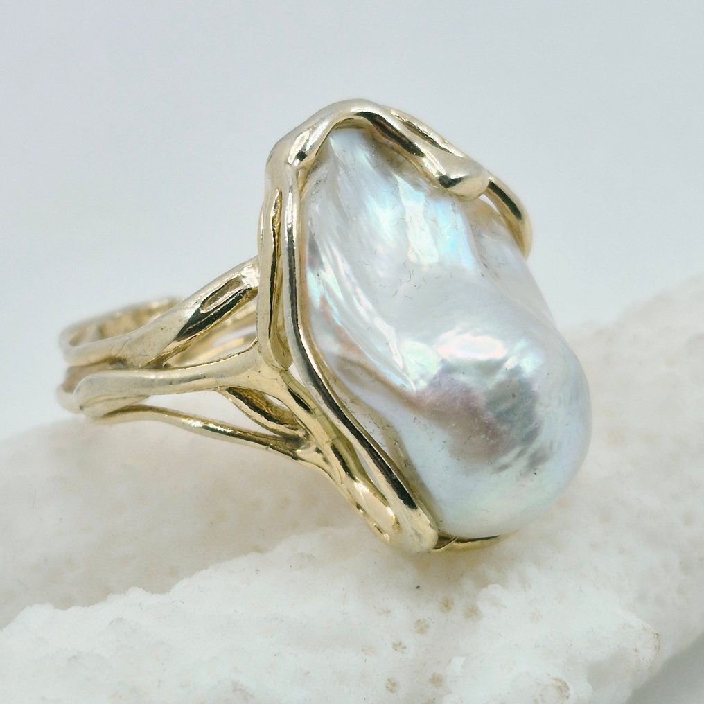 Μαργαριτάρι - Ασημί, Gold-plated - Δαχτυλίδι - ΠΈΡΛΑ ΒΑΡΟΚΚΑ #1.0