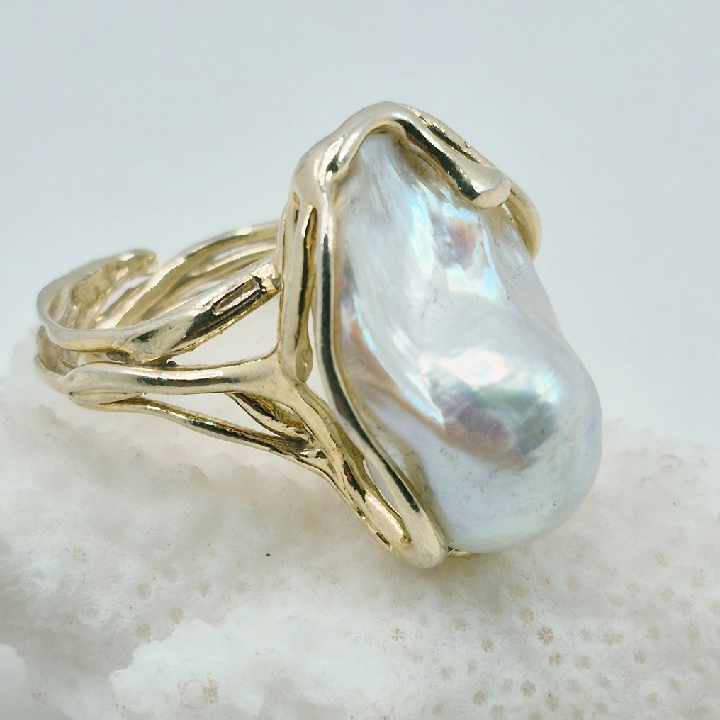 Μαργαριτάρι - Ασημί, Gold-plated - Δαχτυλίδι - ΠΈΡΛΑ ΒΑΡΟΚΚΑ #3.2