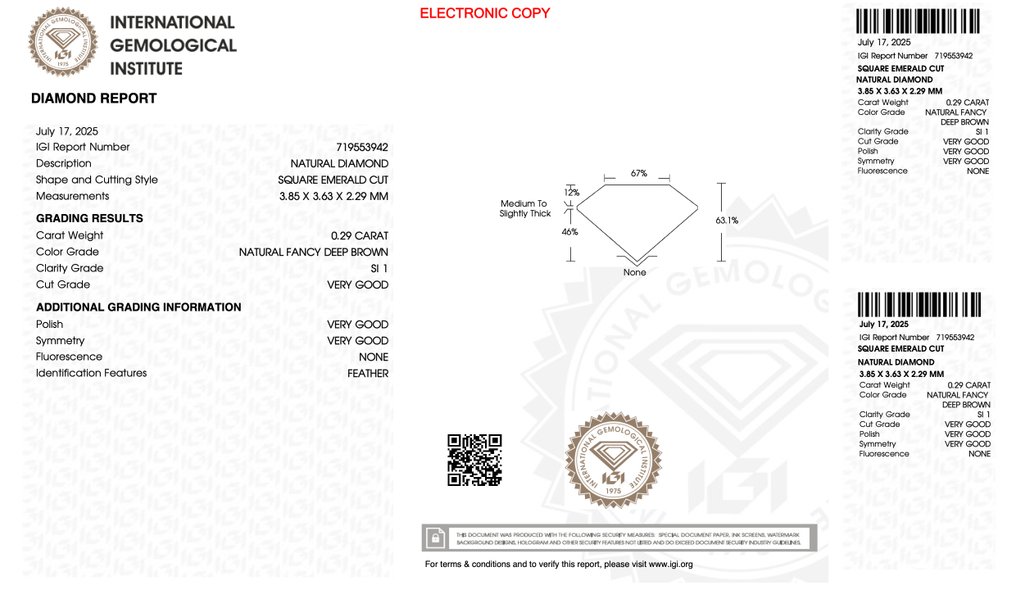 没有保留价 - 1 pcs 钻石  (天然色彩的)  - 0.29 ct - 祖母绿 - Fancy deep 棕色 - SI1 微内含一级 - 国际宝石研究院（IGI） #4.3