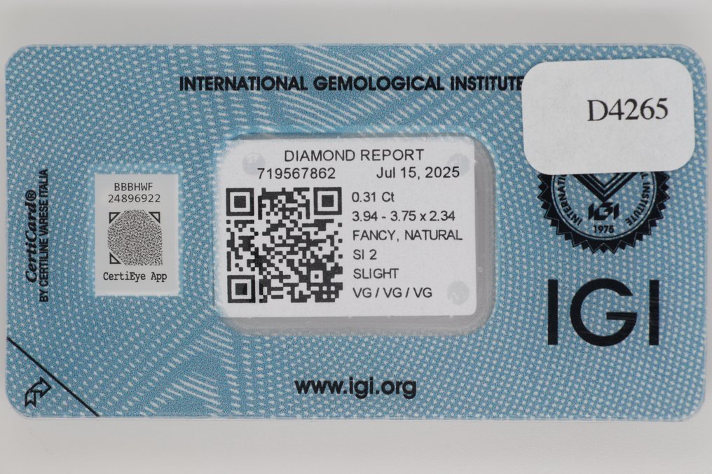 没有保留价 - 1 pcs 钻石 (天然色彩的) - 0.31 ct - 枕形 - Fancy light 黄色 - SI2 微内含二级 - 国际宝石研究院(IGI) #3.2