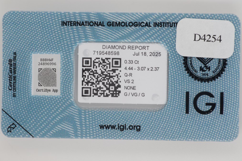 没有保留价 - 1 pcs 钻石  (天然)  - 0.33 ct - 矩形 - VS2 轻微内含二级 - 国际宝石研究院（IGI） - Q-R #3.2