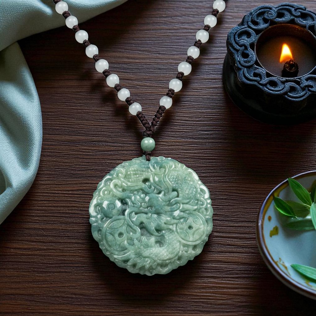 Μενταγιόν Δράκος σε Νεφρίτη Διάφανο – Χειροποίητο Σκαλιστό - Ύψος: 50 mm - Πλάτος: 50 mm- 38 g #2.1