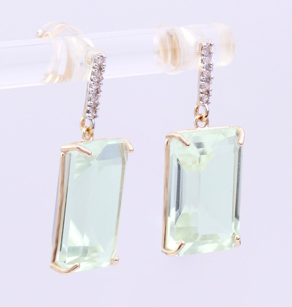 χωρίς τιμή ασφαλείας - Σκουλαρίκια - 14 καράτια Κίτρινο χρυσό Χαλαζίας - Διαμάντι - Prasiolite #1.0