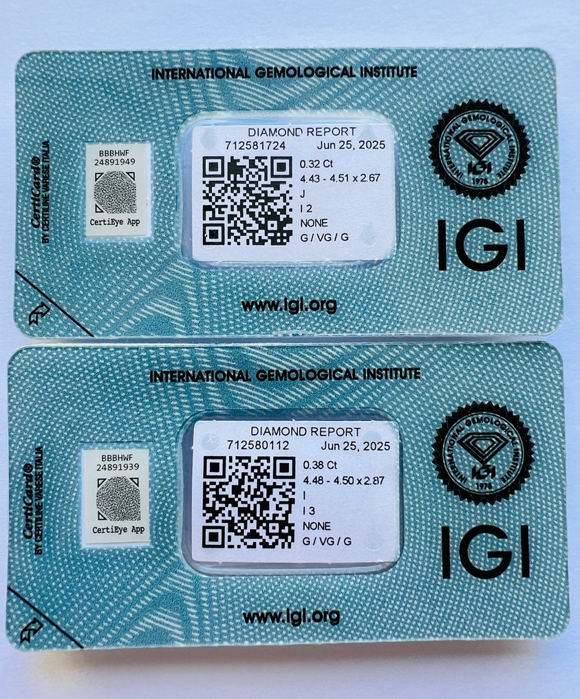 没有保留价 - 2 pcs 钻石  (天然)  - 0.70 ct - 圆形 - I, J - I2 内含二级, I3 - 国际宝石研究院（IGI） - 一对 #1.0