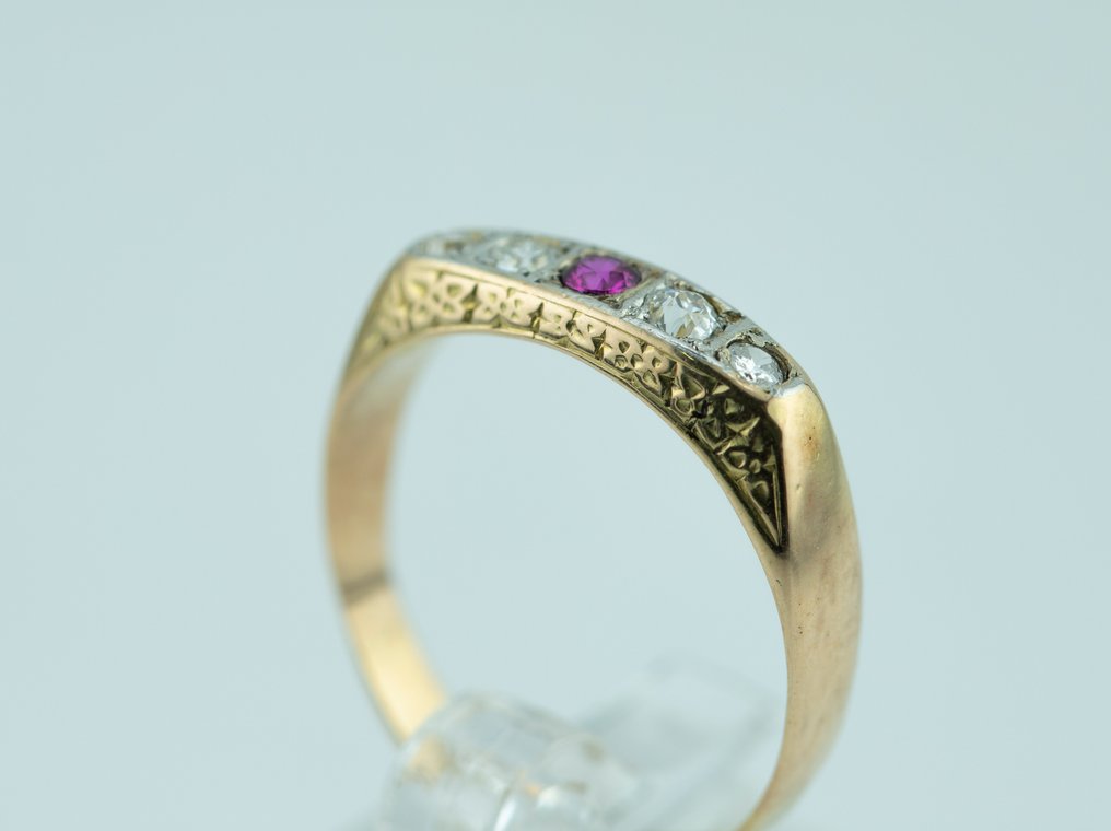 戒指 - 18K包金 黄金, 白金 钻石 (天然)  - 红宝石 #1.0