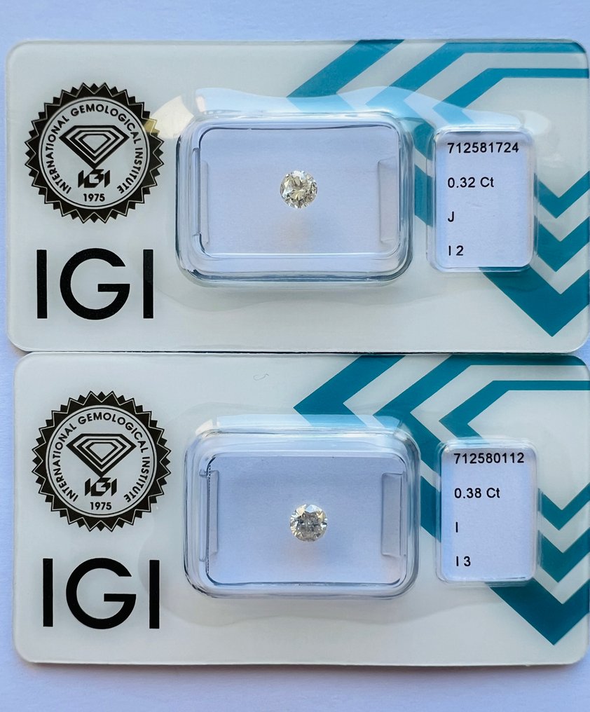 没有保留价 - 2 pcs 钻石  (天然)  - 0.70 ct - 圆形 - I, J - I2 内含二级, I3 - 国际宝石研究院（IGI） - 一对 #1.0