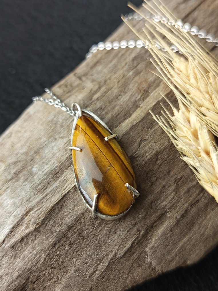 Unique piece, a wonderful handcrafted jewelry in 925 silver with top-quality Tiger's Eye. - Height: 33 mm - Width: 15 mm- 7 g - (1) #1.0