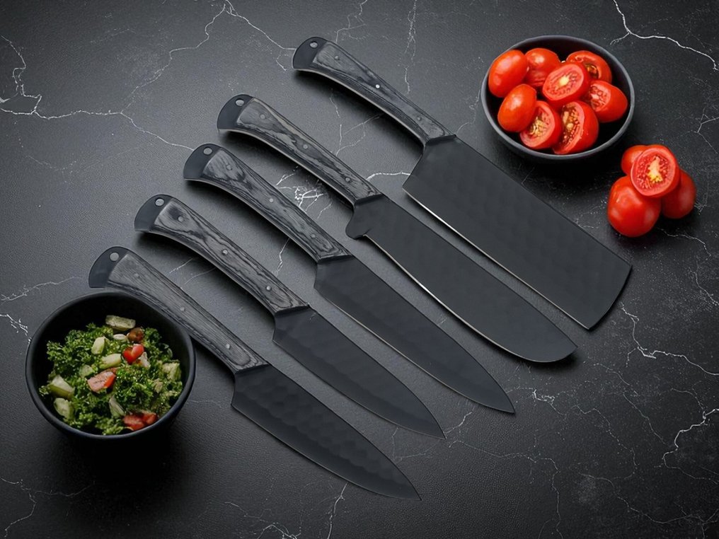 Coltello da cucina - Kitchen knife set - Set di 5 coltelli da chef in acciaio 15N20/4043 con manici in legno di Pakka nero, perni in ottone e - Regno Unito - Coltelli da chef #2.1