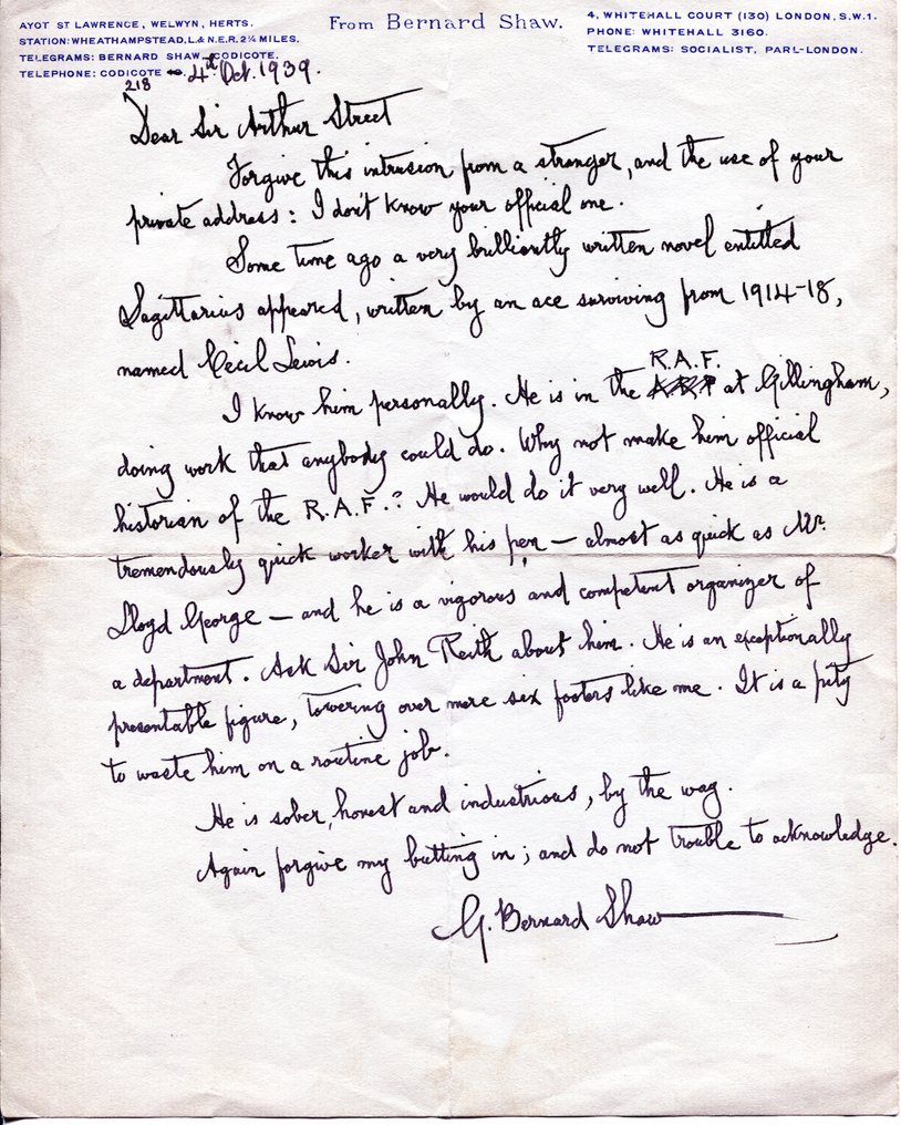 George Bernard Shaw (1856-1950) - Autograph Letter Signed to Sir Arthur STREET - 1939 #1.0