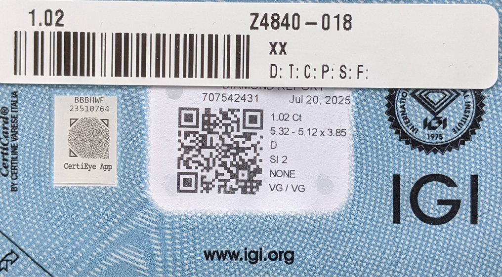 Sem preço de reserva - 1 pcs Diamante (Natural) - 1.02 ct - Retângulo - D (incolor) - SI2 - International Gemological Institute (IGI) #3.2