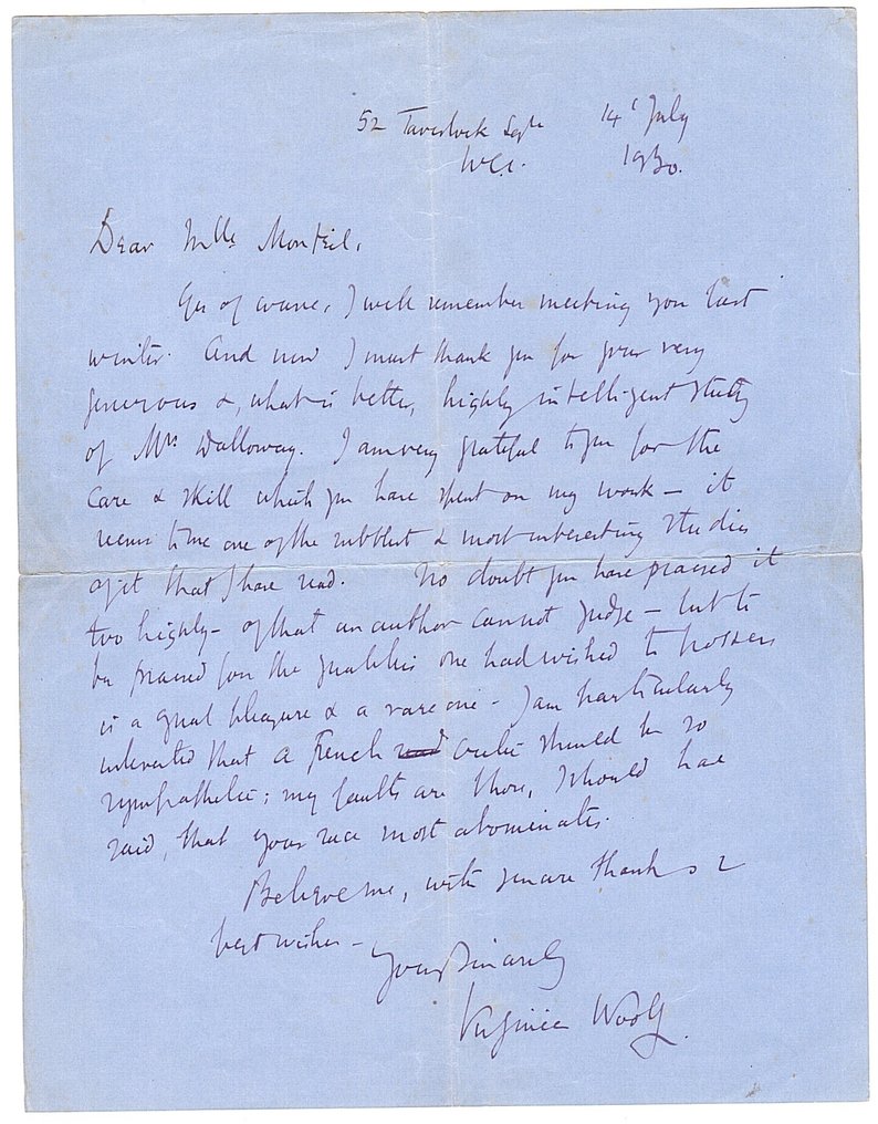 Virginia Woolf (1882-1941) [Novelist, Critic & Essayist] - Virginia Woolf autograph signed letter on Mrs Dalloway - 1930 #2.1