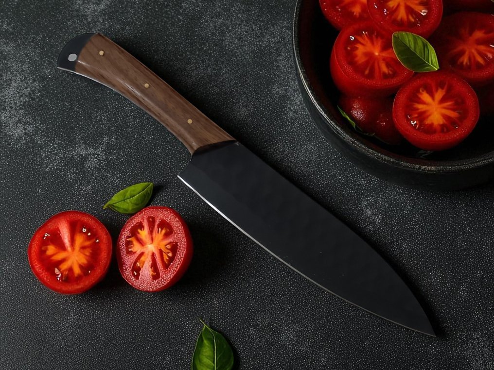 Couteau de cuisine - Kitchen knife set - Ensemble de 5 couteaux de chef en acier 15N20/4043 avec poignées en Pakka coloré, rivets en laiton - Royaume-Uni - Couteaux de chef #4.3