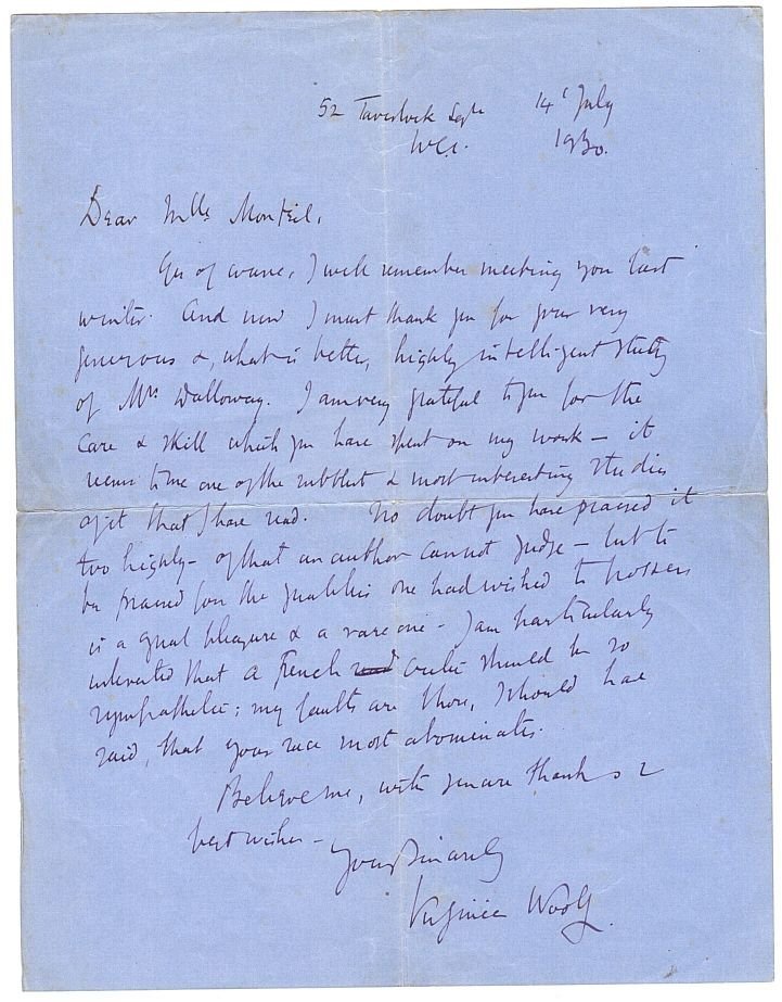 Virginia Woolf (1882-1941) [Novelist, Critic & Essayist] - Virginia Woolf autograph signed letter on Mrs Dalloway - 1930 #3.2