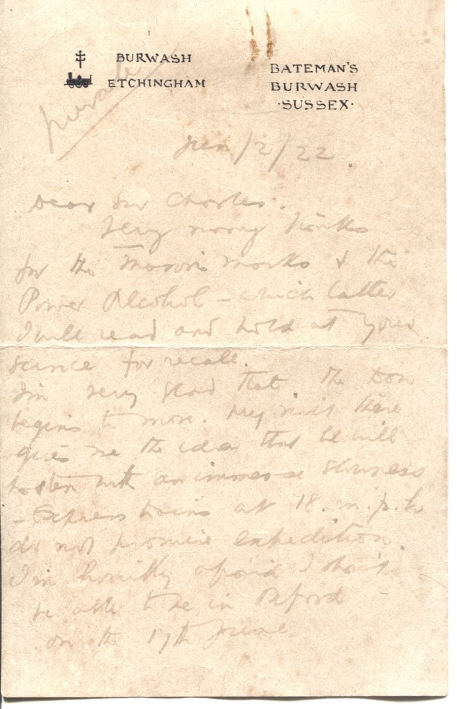Rudyard Kipling (1865-1936) [Novelist & Poet] - Fine Autograph letter signed in full marked ‘Private’ to ‘Dear Sir Charles’ - 1922 #1.0