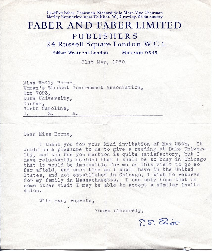 T.S. Eliot (1888-1965) [The Waste Land] - Typed Letter Signed by Nobel Prize Winner to Miss Emily Boone - 1950 #3.2