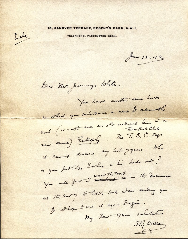 H. G. Wells (1866-1946) [Novelist] - Autograph Letter Signed to Dr Jennings White about the word entrophy - 1942 #1.0