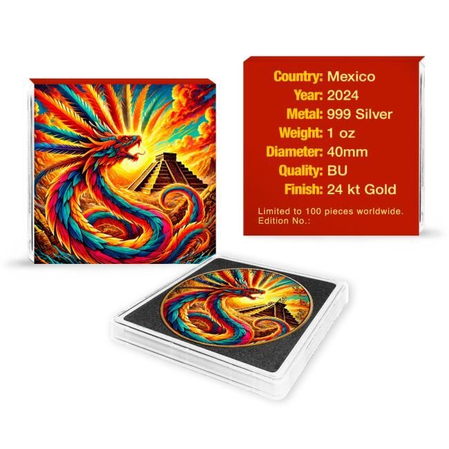墨西哥. 1 Onza 2024 1 oz Mexican Libertad Quetzalcoatl 24k Gold Gilded Colorized Silver Coin  (沒有保留價) #1.0