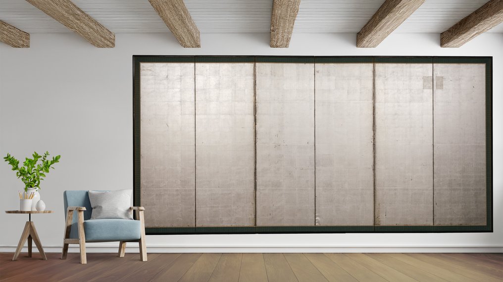 Byôbu (schermo pieghevole) - Seta, Foglia argento, Lacca - Giappone - Periodo Taishō (1912-1926) #1.0