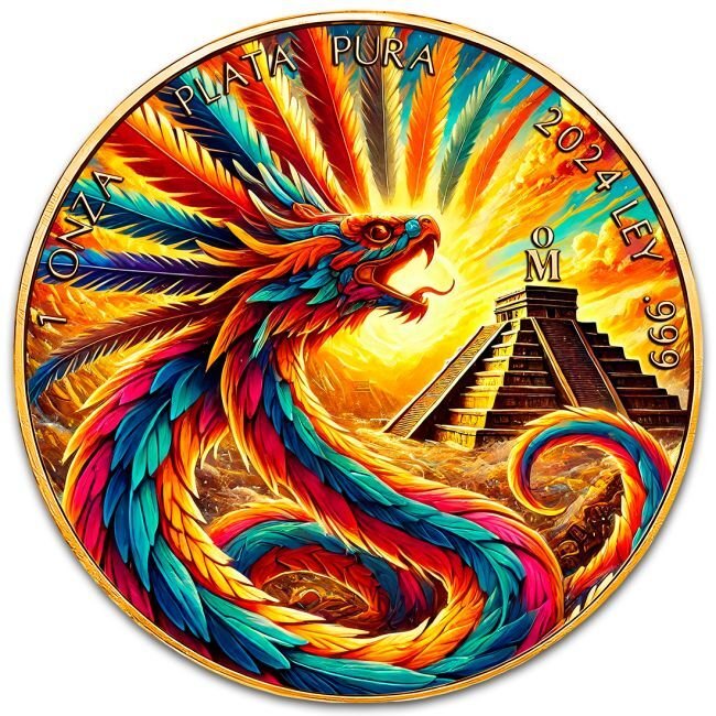 墨西哥. 1 Onza 2024 1 oz Mexican Libertad Quetzalcoatl 24k Gold Gilded Colorized Silver Coin  (沒有保留價) #1.0
