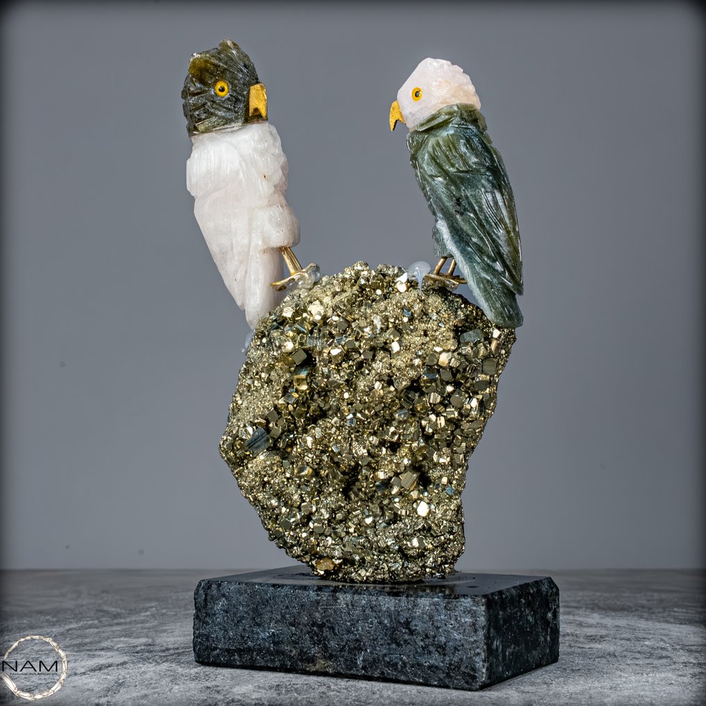 天然石英、亚马逊石、碧玉猫头鹰 令人惊叹的黄铁矿晶簇- 588.85 g #4.3