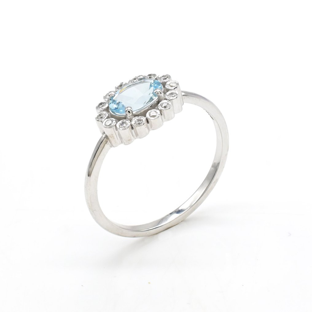 没有保留价 - 订婚戒指 - 14K包金 白金 - 0.69ct. tw. 海蓝宝石 - 钻石 #3.2