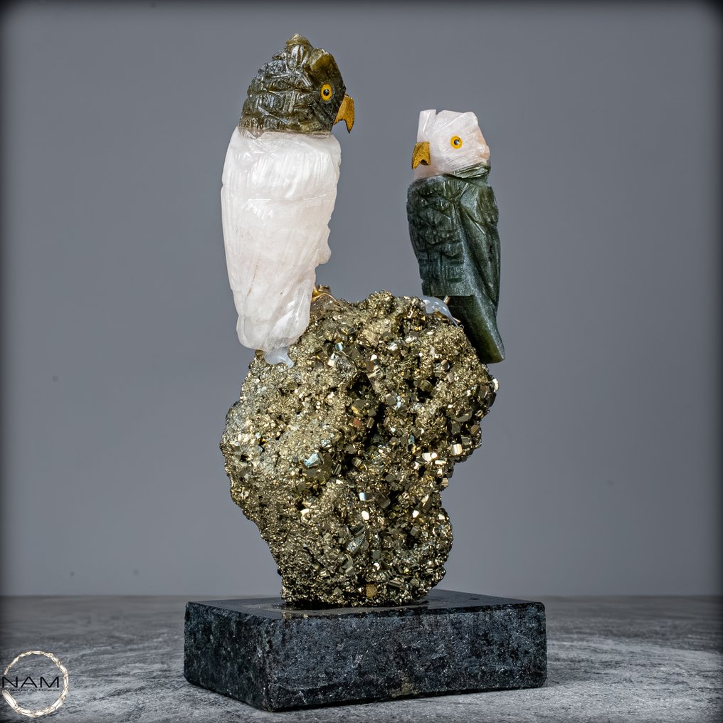 天然石英、亚马逊石、碧玉猫头鹰 令人惊叹的黄铁矿晶簇- 588.85 g #3.2