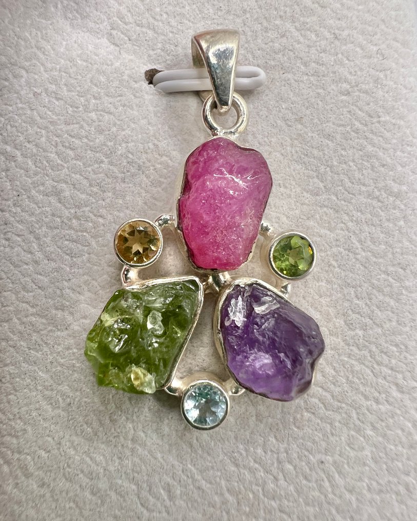 magnifique Pendentif naturel argent 925, RUBIS / PERIDOT / TOPAZE / AMETHYSTE / CITRINE Pendant - Height: 25 mm - Width: 25 mm- 8 g - (1) #1.0