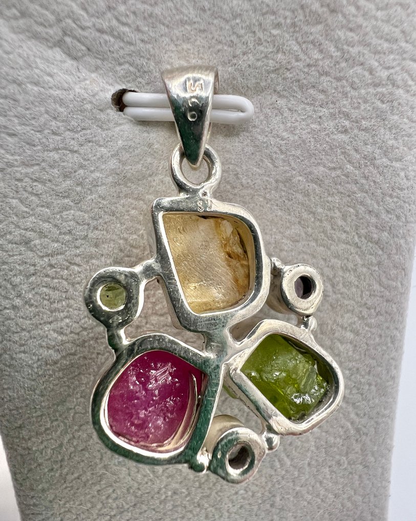 magnifique Pendentif naturel argent 925, RUBIS / PERIDOT / TOPAZE / AMETHYSTE / CITRINE Pendant - Height: 25 mm - Width: 25 mm- 7.6 g - (1) #3.2