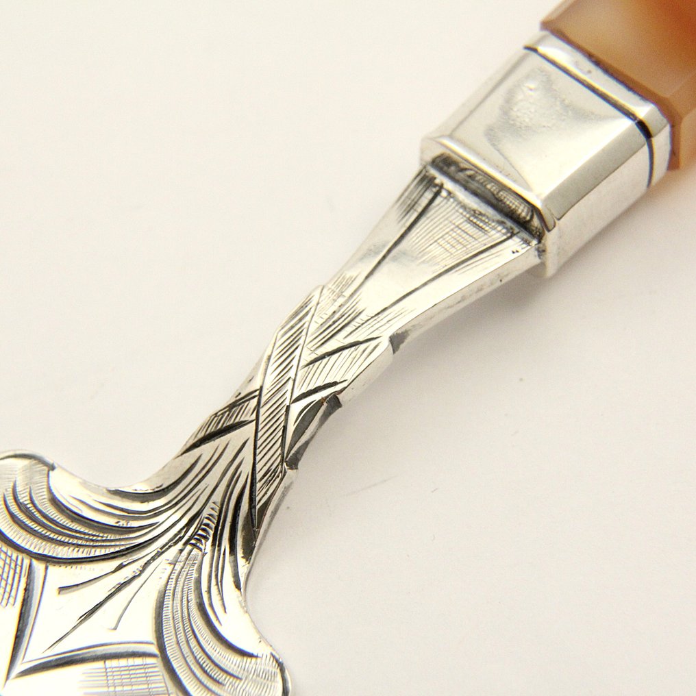 Grote Antieke (1878) visdienschep met steel van Agaat - HANDWERK - Van Kempen - Σετ σερβιρίσματος ψαριού - Χειρόγλυφτο και διάτρητο κομμένο. - .833 silver #4.3