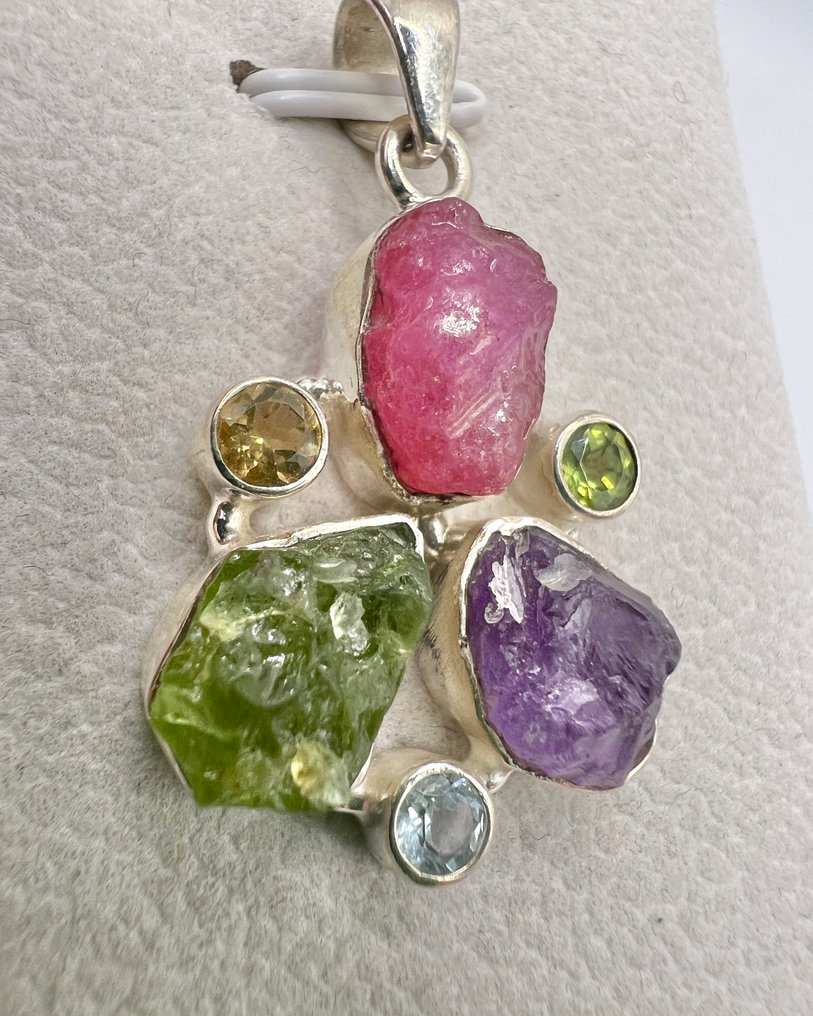 magnifique Pendentif naturel argent 925, RUBIS / PERIDOT / TOPAZE / AMETHYSTE / CITRINE Pendant - Height: 25 mm - Width: 25 mm- 8 g - (1) #2.1