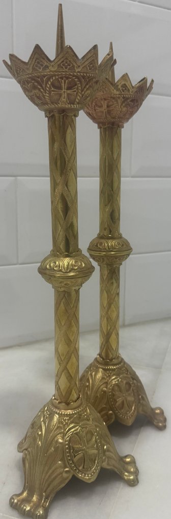 Κηροπήγιο (2) - Gilt bronze - Ζευγάρι εκκλησιαστικών κηροπηγίων - 46 εκ #2.1