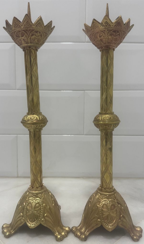 Κηροπήγιο (2) - Gilt bronze - Ζευγάρι εκκλησιαστικών κηροπηγίων - 46 εκ #1.0