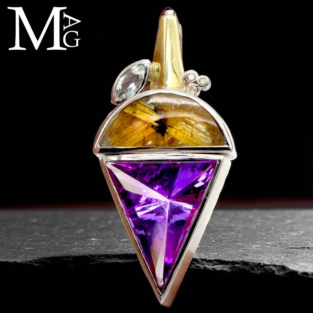 Ασήμι Κρεμαστό κόσμημα: Εκλεπτυσμένη επιλογή πολύτιμων λίθων. Χρυσός Κρύσταλλος Ρυθιλιωμένος - Διαμάντι - - Ύψος: 56.5 mm - Πλάτος: 26.5 mm- 27 g #3.2