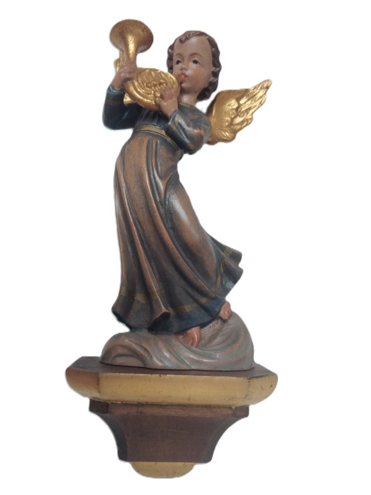 Σκάλισμα, Farbiger Engel mit Horn auf einer Wandkonsole - Schutzengel - Wandfigur - 22 cm - Ξύλο #1.0
