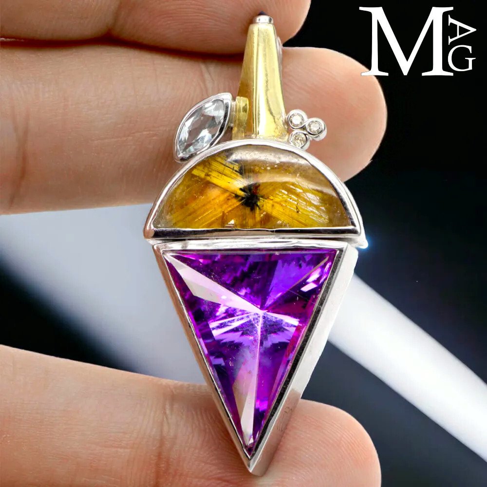 Ασήμι Κρεμαστό κόσμημα: Εκλεπτυσμένη επιλογή πολύτιμων λίθων. Χρυσός Κρύσταλλος Ρυθιλιωμένος - Διαμάντι - - Ύψος: 56.5 mm - Πλάτος: 26.5 mm- 27 g #2.1