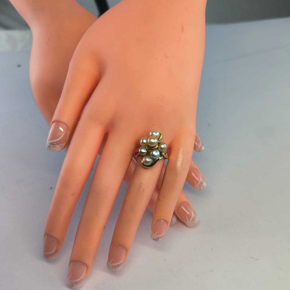 Sormus - 14 kt. Keltakulta Helmi - Timantti - 14K kultainen helmiringas RS 60 #1.0