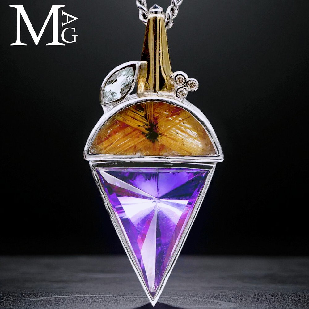 Ασήμι Κρεμαστό κόσμημα: Εκλεπτυσμένη επιλογή πολύτιμων λίθων. Χρυσός Κρύσταλλος Ρυθιλιωμένος - Διαμάντι - - Ύψος: 56.5 mm - Πλάτος: 26.5 mm- 27 g #1.0