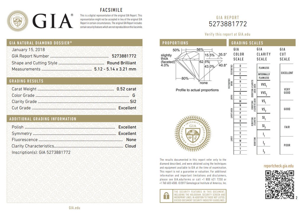 1 pcs Gyémánt  (Természetes)  - 0.52 ct - Kerek - G - SI2 - Amerikai Gemmológiai Intézet (GIA) #2.1