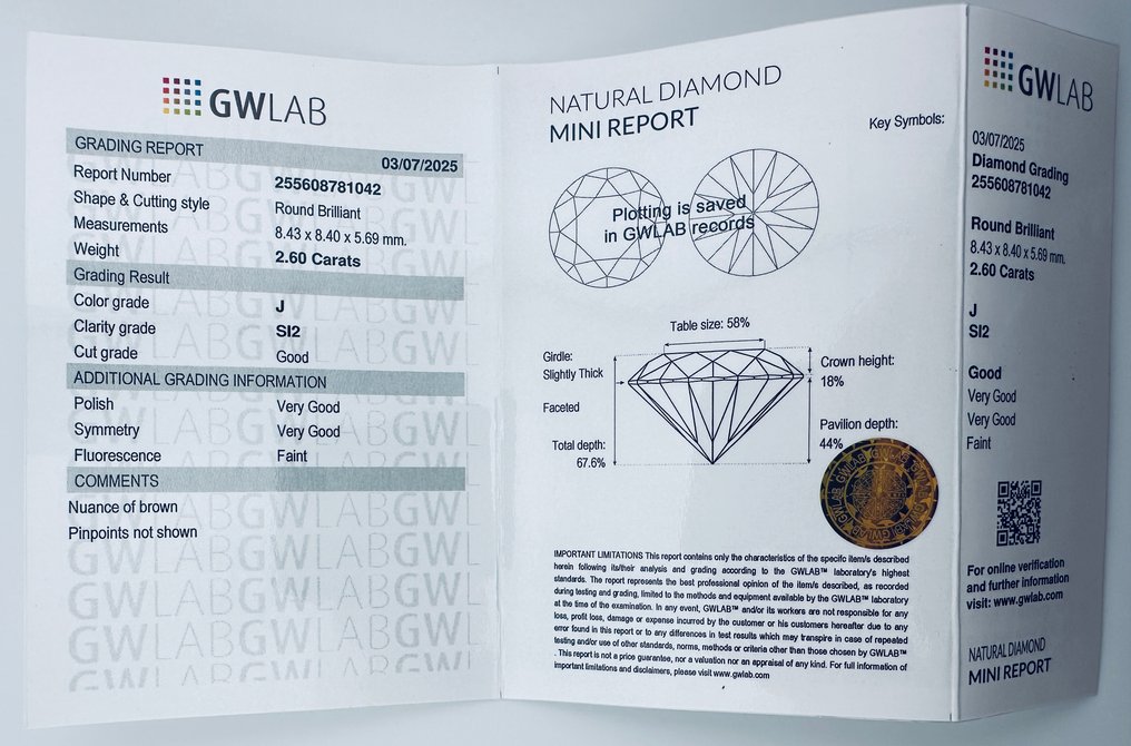 1 pcs Gyémánt  (Természetes)  - 2.60 ct - Kerek - J - SI2 - Gemewizard Gemmológiai Laboratórium (GWLab) - Természetes #4.3