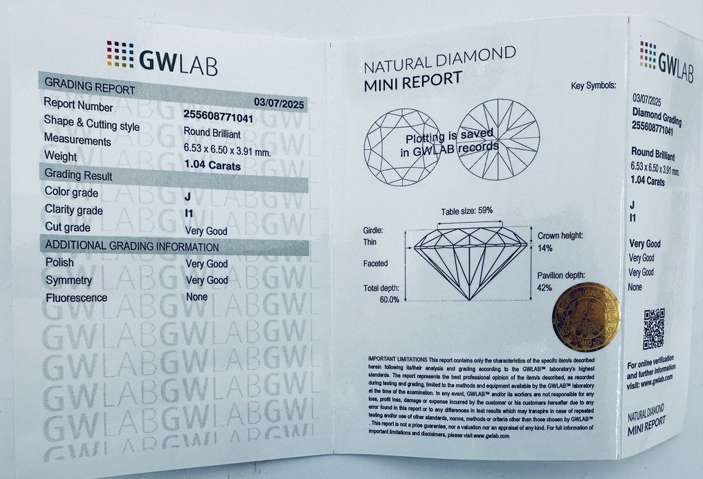 1 pcs Diamante (Natural) - 1.04 ct - Redondo - J - I1 - Gemewizard Gemological Laboratory (GWLab) - natural #4.3