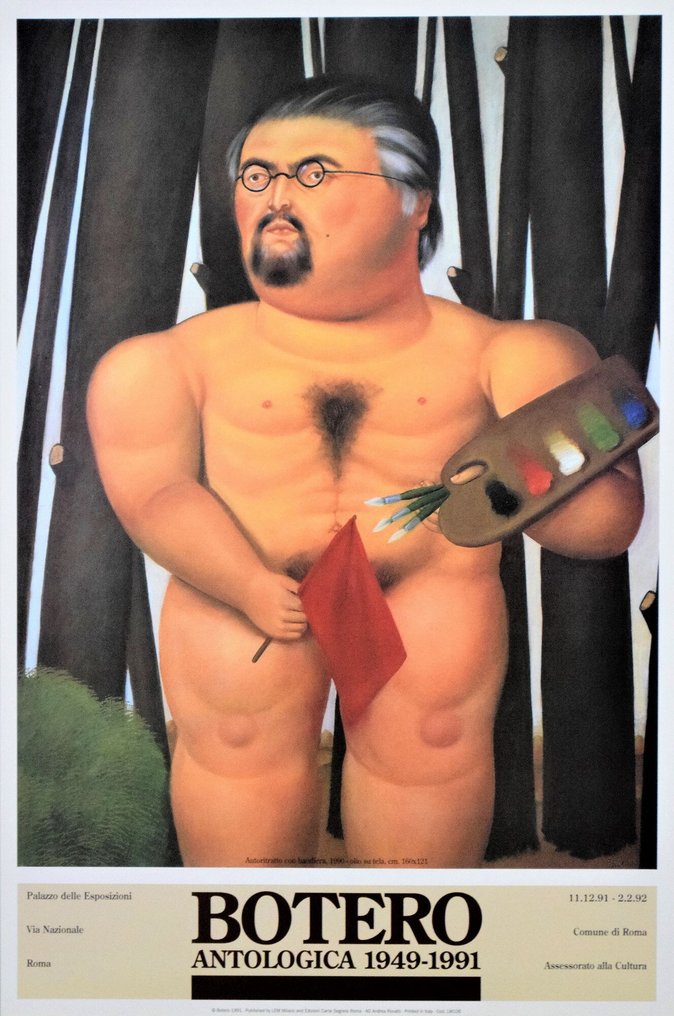 Fernando Botero (after) - SELF PORTRAIT WITH FLAG - Official Poster of the Exhibition held in Rome - Year 1991 - Década de 1990 #1.0