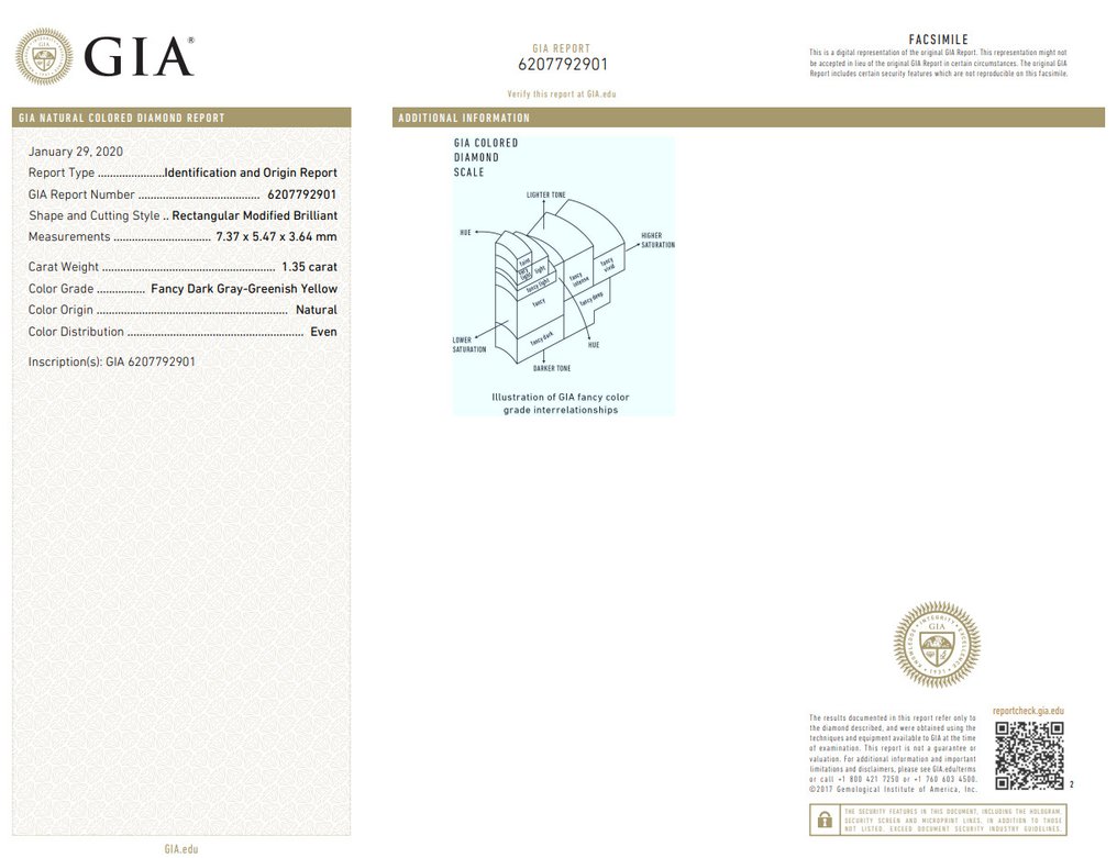 1 pcs 钻石  (天然色彩的)  - 1.35 ct - 雷地恩型 - Fancy dark 灰色, 稍帶綠色的 黄色 - 实验室报告中未指明 - 美国宝石研究院（GIA） #2.1