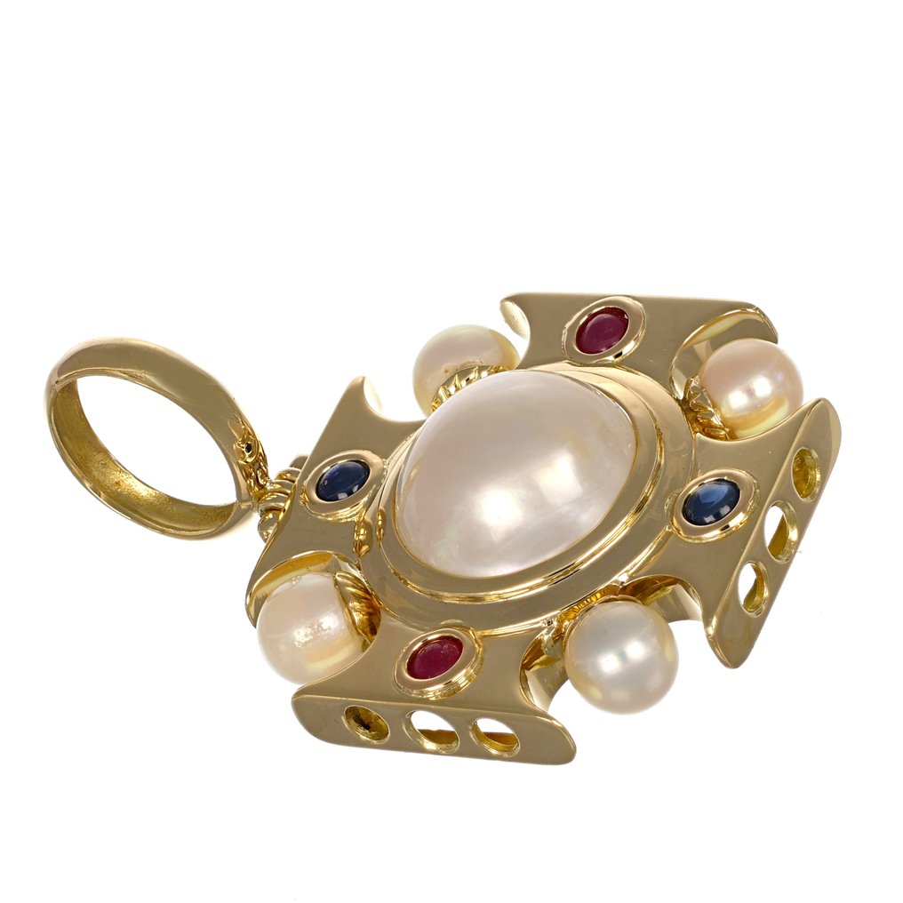 吊坠 - 18K包金 黄金, 珍珠 - 红宝石 - 蓝宝石 #1.0