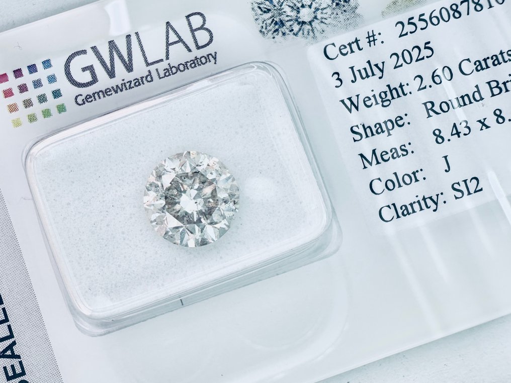 1 pcs Gyémánt  (Természetes)  - 2.60 ct - Kerek - J - SI2 - Gemewizard Gemmológiai Laboratórium (GWLab) - Természetes #1.0