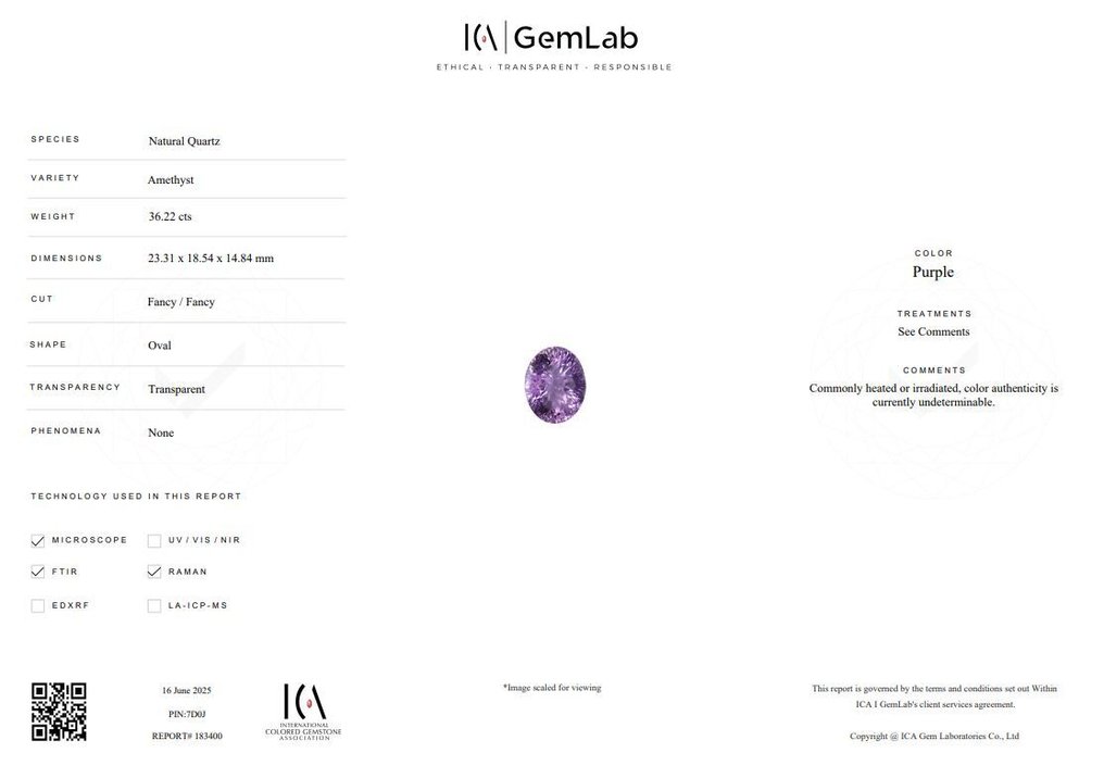 Zonder Minimumprijs - 1 pcs  Paars Amethist  - 36.22 ct - nternational Colored Gemstone Association (ICA GemLab) #3.2