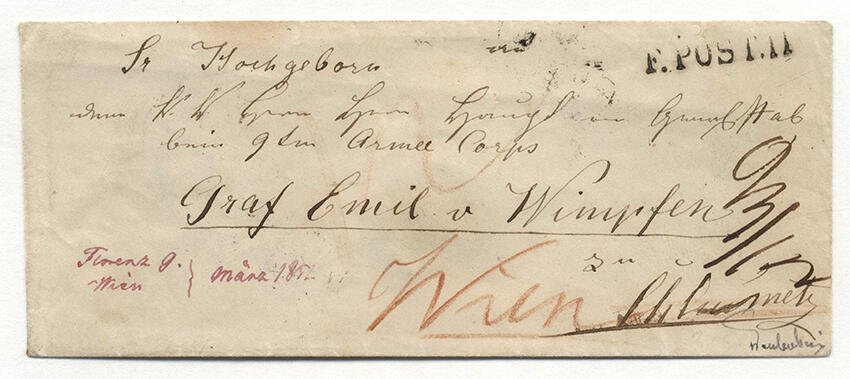 Antiguos Estados de Italia - Lombardía-Venecia  - Lombardo-Veneto, 1850, F.POST.II (Sassone R3), sello claro en el sobre desde Florencia a Viena. #1.0