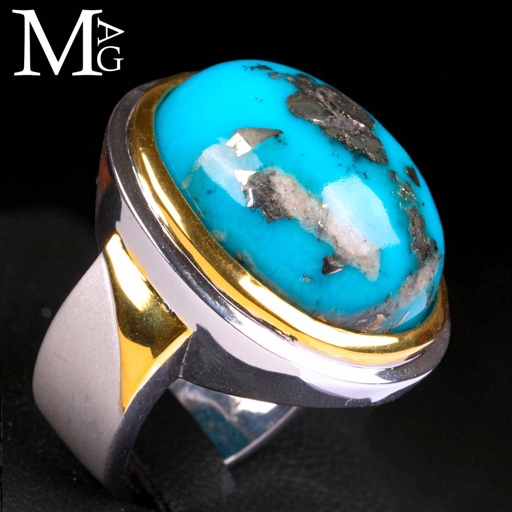 Ασημένιο δαχτυλίδι – Τουρκουάζ με ενσωματώσεις πυρίτη και διαμάντι. - Ύψος: 30.5 mm - Πλάτος: 26.5 mm- 23 g #1.0