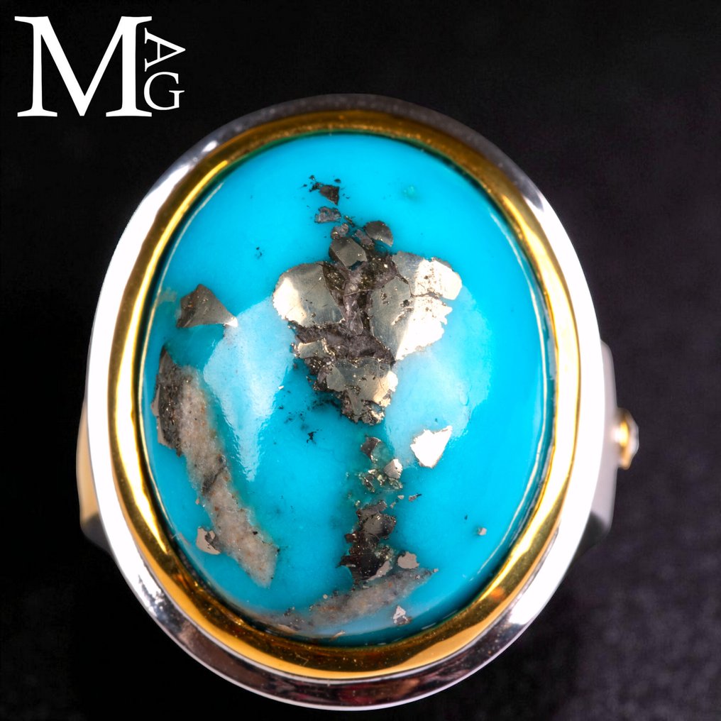 Ασημένιο δαχτυλίδι – Τουρκουάζ με ενσωματώσεις πυρίτη και διαμάντι. - Ύψος: 30.5 mm - Πλάτος: 26.5 mm- 23 g #3.2