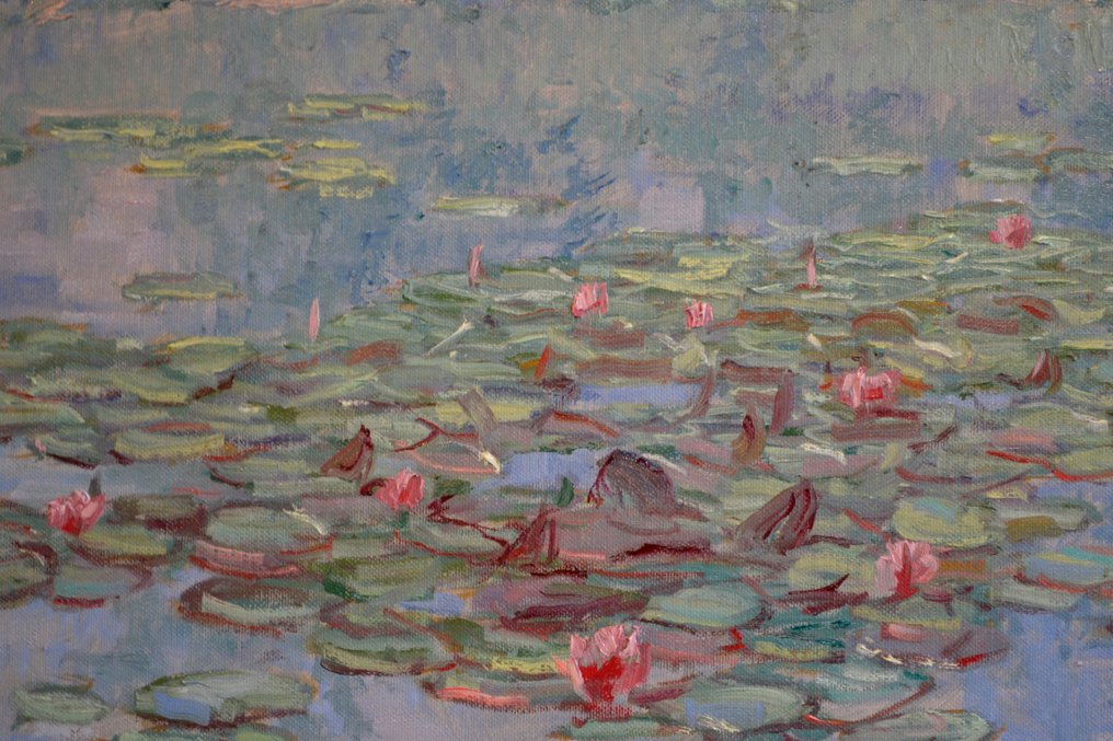 Chris van Dijk (1952) - Impressionist " Fille au bord de l'étang avec des nénuphar " #4.3