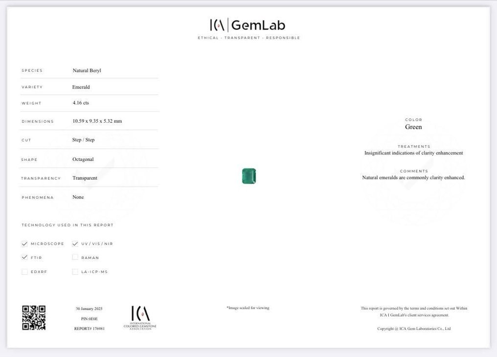 1 pcs  綠色 祖母綠  - 4.16 ct - 國際有色寶石協會 (ICA GemLab) - 天然翡翠石 #2.1